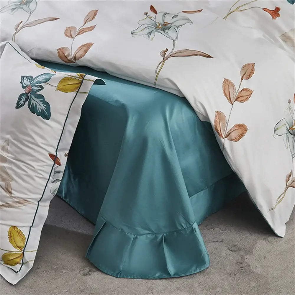 Teal satin bed skirt with ruffled hem in decorbites 600tc egyptian cotton bedding set for queen king beds
