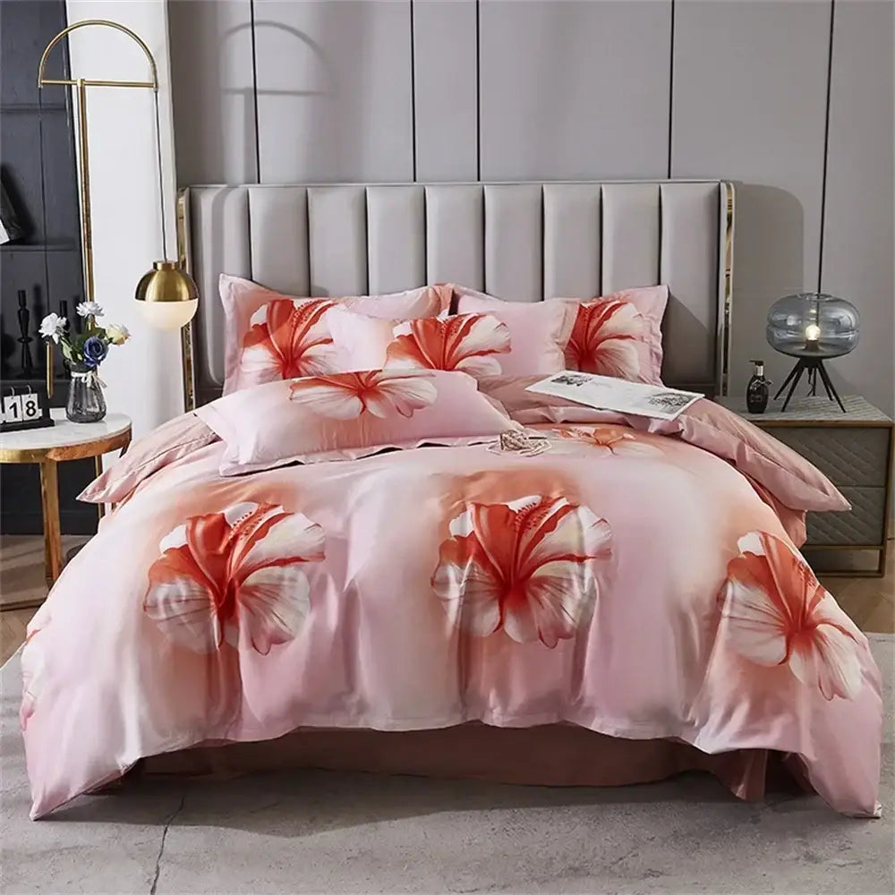 Pink satin duvet cover with large red and white hibiscus flowers in decorbites 600tc egyptian cotton bedding set