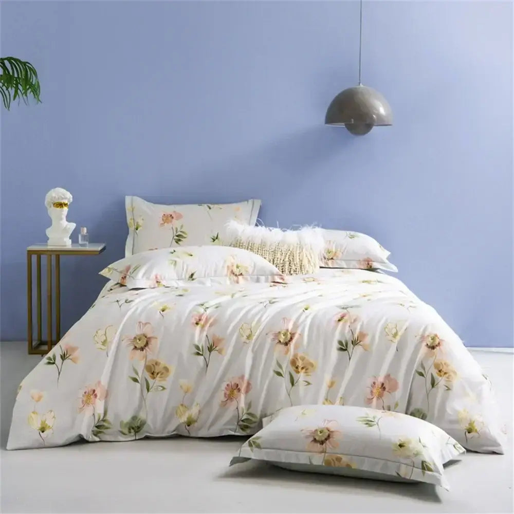 White duvet cover with delicate pink and yellow floral pattern in DecorBites™ 600tc egyptian cotton bedding set