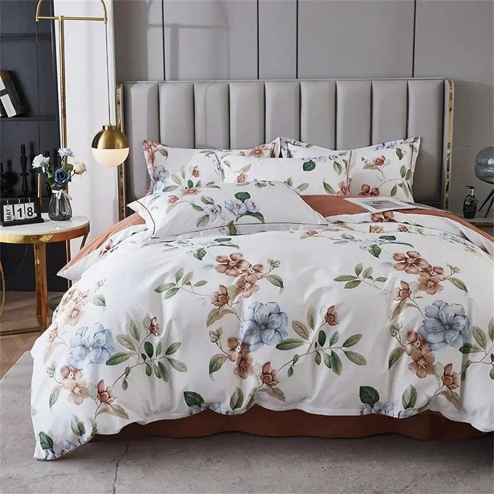 White floral duvet bedding set with pastel blossoms on crisp 600tc egyptian cotton by decorbites queen king size