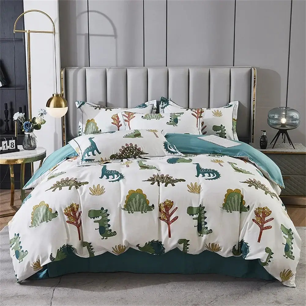 White and teal dinosaur-themed bedding set with green brown and gold illustrations made of 600tc egyptian cotton