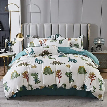 White and teal dinosaur-themed bedding set with green brown and gold illustrations made of 600tc egyptian cotton