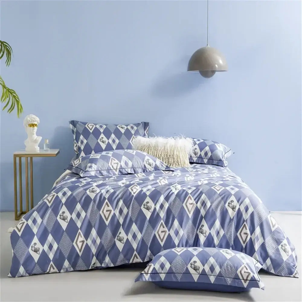 Blue and white diamond patterned bedding set with subtle geometric design made of 600tc egyptian cotton by decorbites