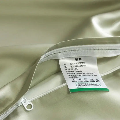 Soft light green satin duvet cover with white zipper from decorbites™ 600TC lyocell eucalyptus fiber bedding set