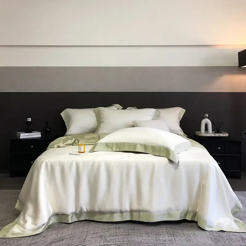 Elegant ivory satin duvet cover set with sage green piping and pillowcases in lyocell eucalyptus fiber bedding set
