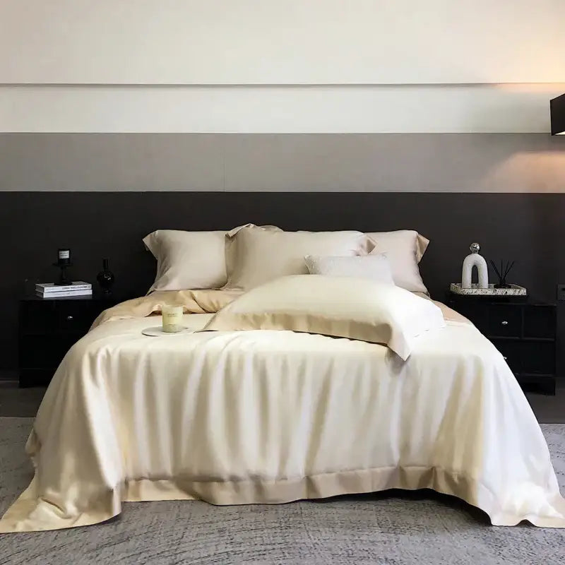 Cream-colored satin bedding set with smooth glossy finish and lyocell eucalyptus fiber for luxurious comfort