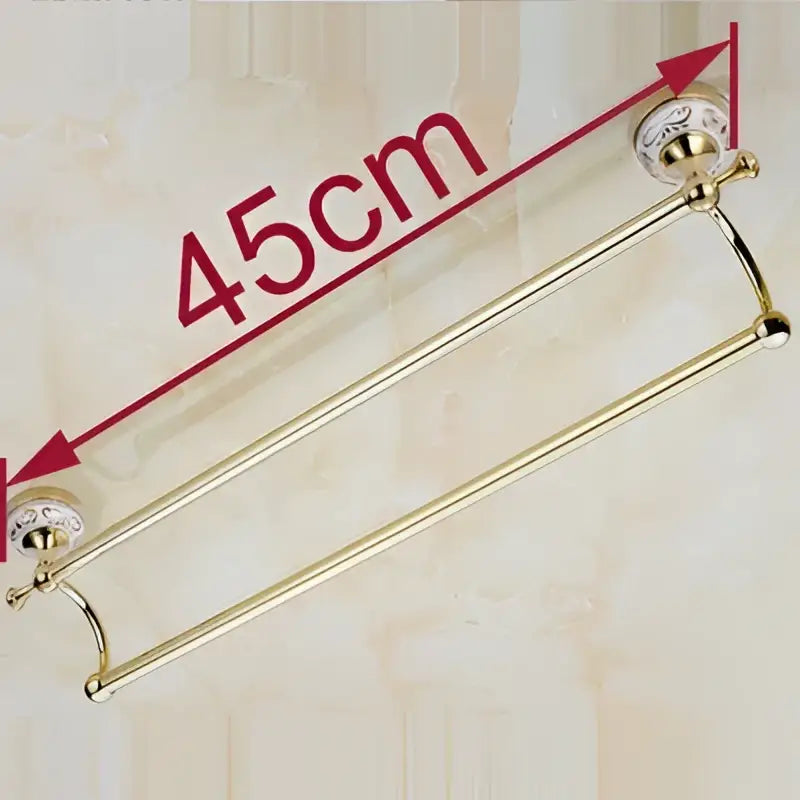 DecorBites 60cm double towel bar with ceramic gold finish and ornate spherical end caps for bathroom use