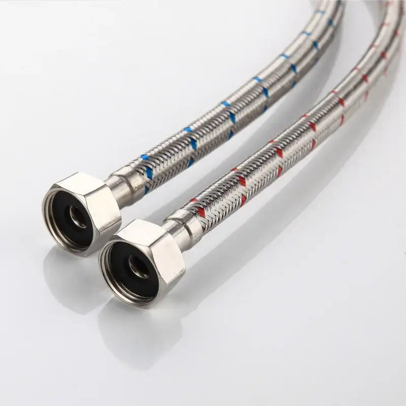 Two stainless steel braided plumbing pipes 60cm long with blue and red markings for cold and hot water supply