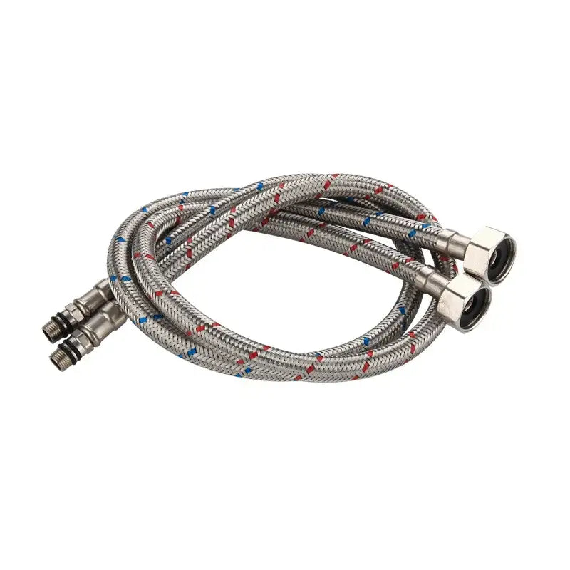 Silver braided stainless steel plumbing pipes with red and blue accents and metallic connectors for water supply
