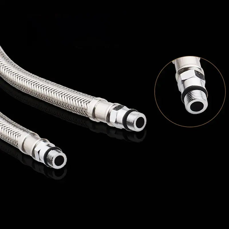 Shiny chrome-finished stainless steel braided plumbing pipes with threaded connectors for water supply use