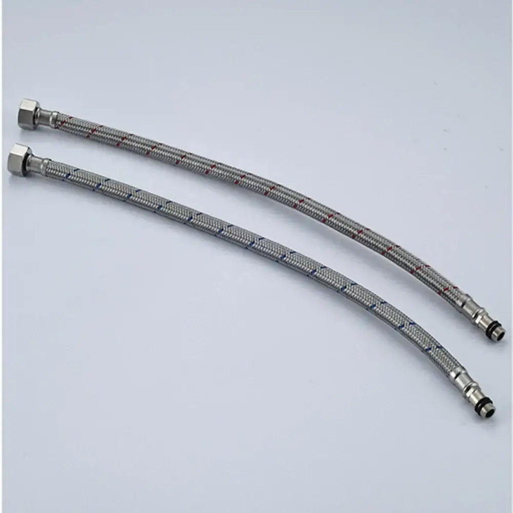 Two metallic braided plumbing hoses with red and blue hexagonal fittings in 60cm stainless steel design