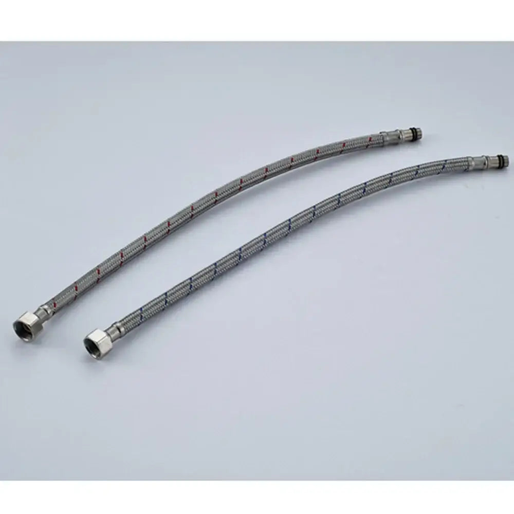 Two metallic braided 60cm stainless steel plumbing hoses with silver fittings and red markings for hot and cold water use