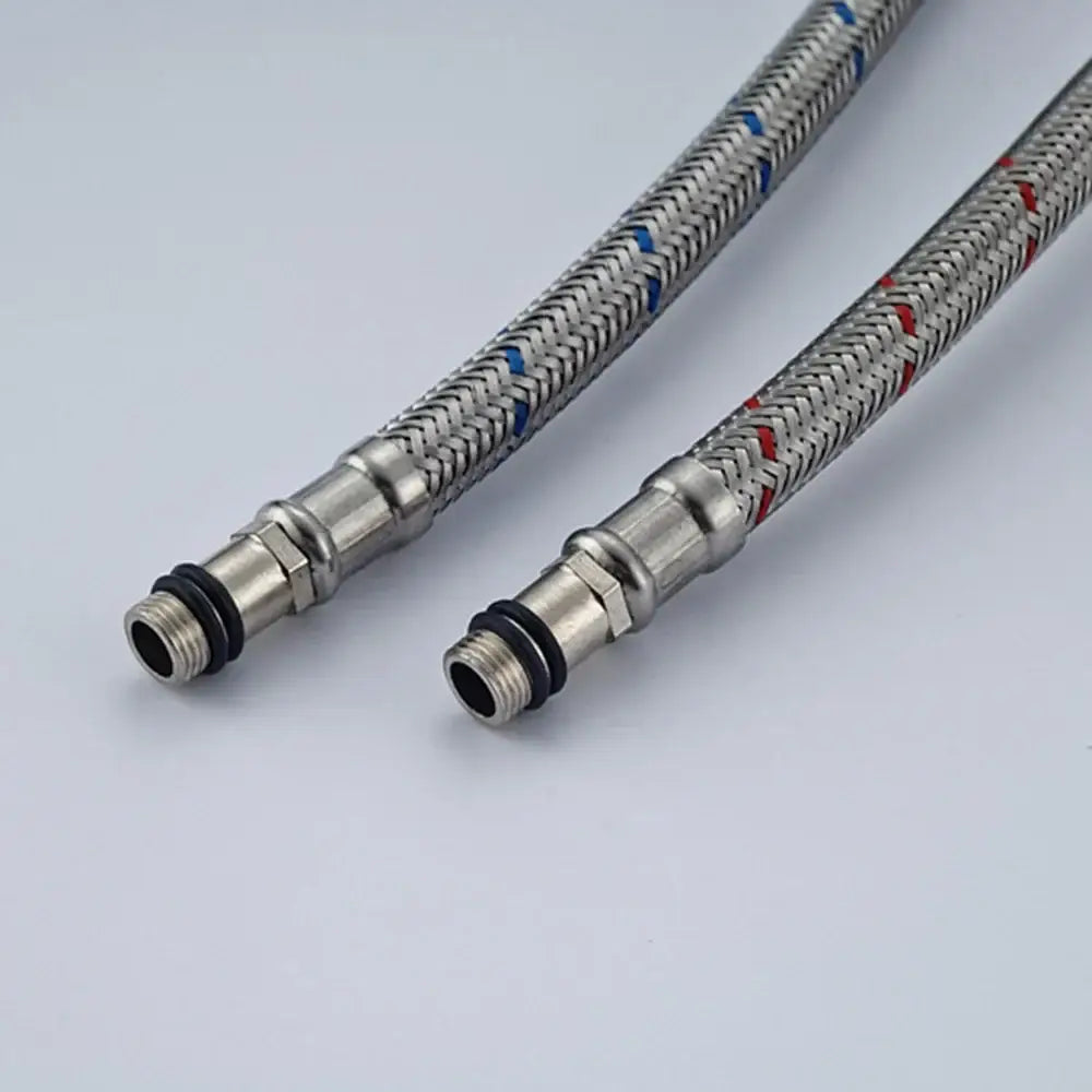 Two braided 60cm stainless steel plumbing hoses by DecorBites marked blue and red for hot and cold water identification