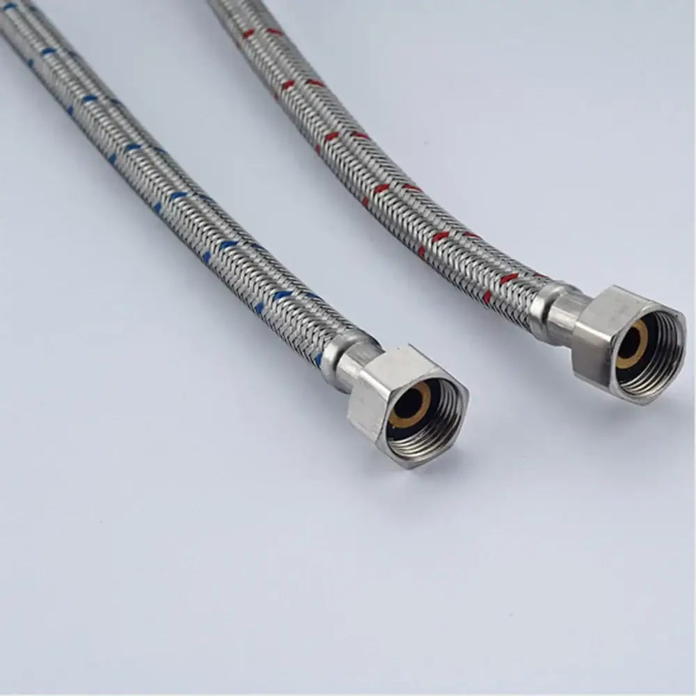 Two stainless steel 60cm plumbing hoses with hexagonal connectors marked blue and red for hot and cold water use