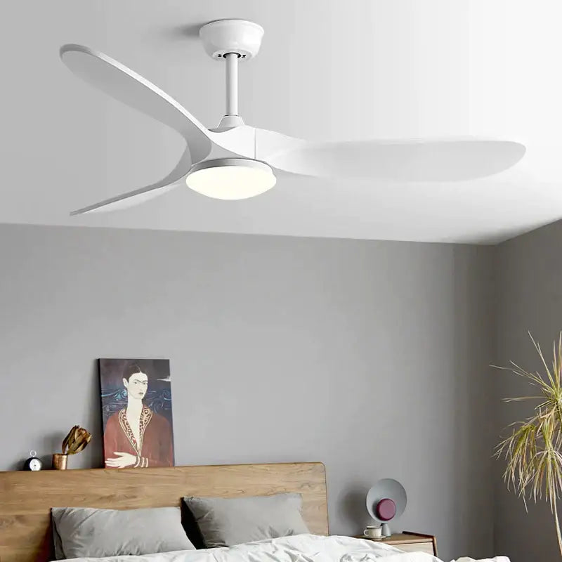 Modern white DecorBites 60inch ceiling fan with sleek curved blades and integrated LED light with remote control