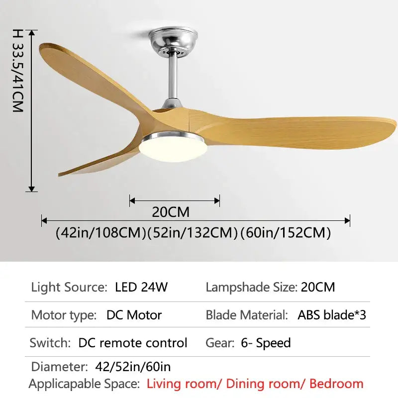 Modern decorbites 60inch ceiling fan with three light wood blades and silver metallic housing with led light and remote control