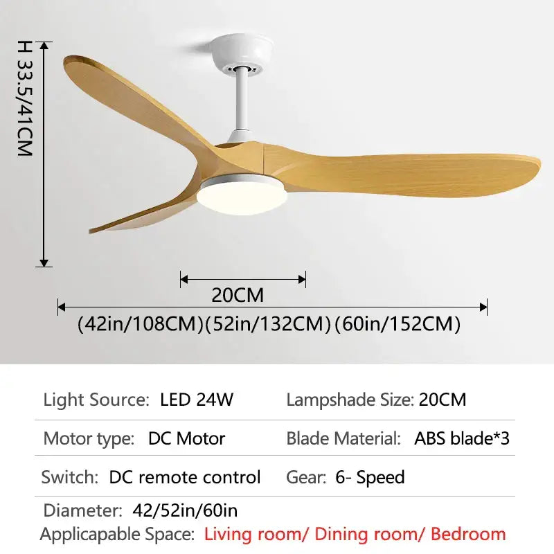 Decorbites 60inch ceiling fan with remote control featuring three light wood abs blades and integrated led lamp