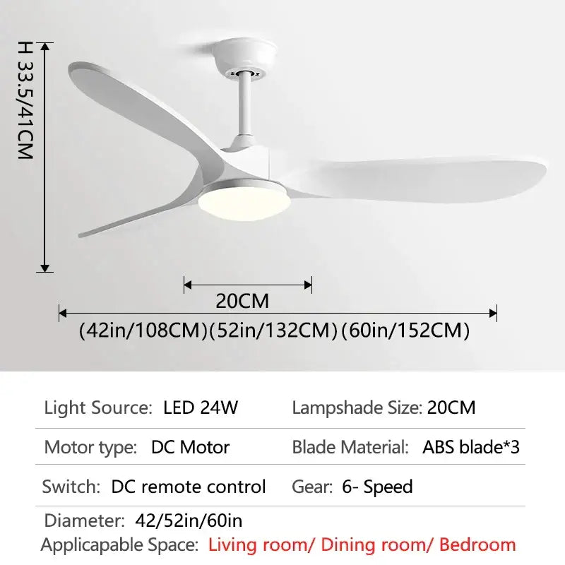 White 60inch ceiling fan with three sleek abs blades and integrated led light by decorbites with remote control