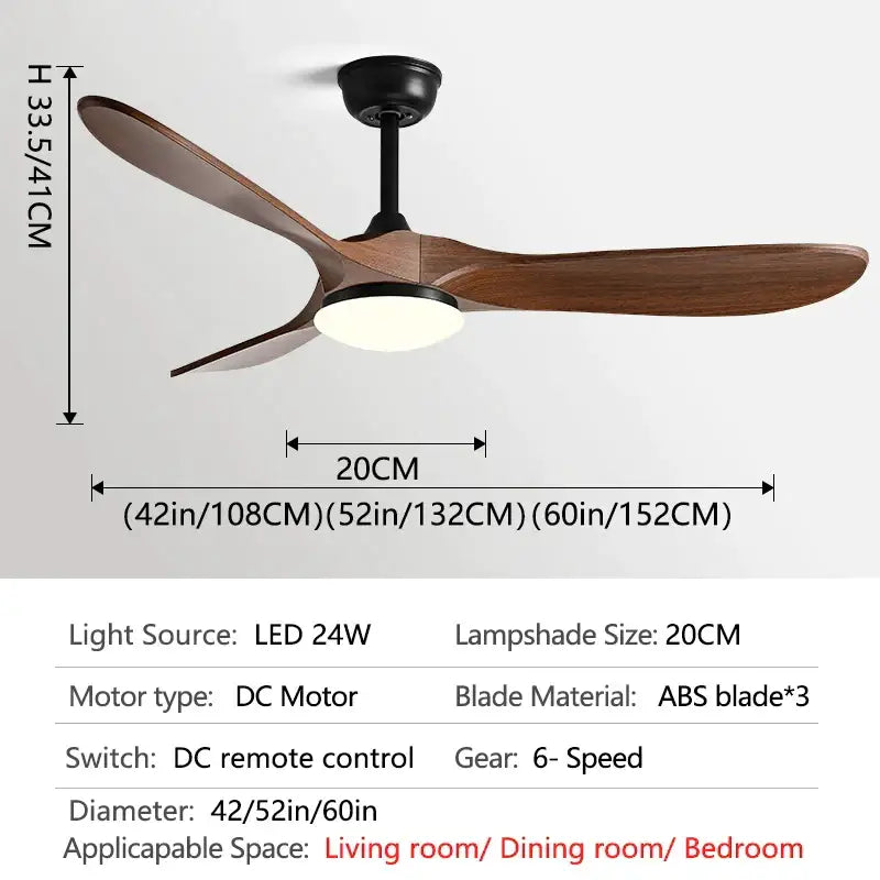 Modern DecorBites 60inch ceiling fan with three dark wood ABS blades and central LED light with remote control