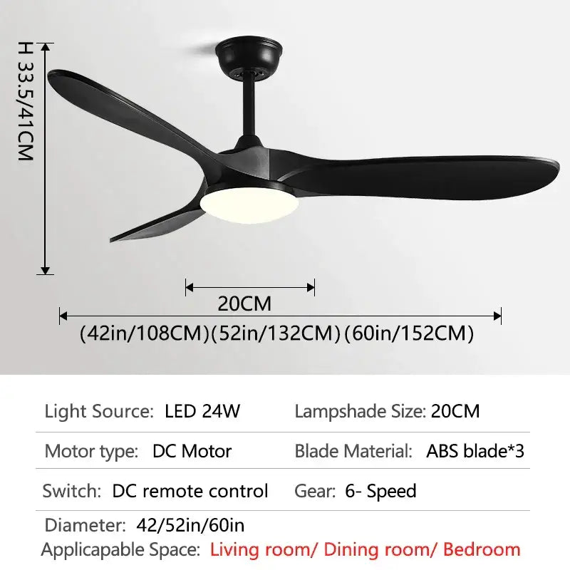 Decorbites 60inch ceiling fan with black abs blades integrated led light and 3 blade dc 30w copper motor with remote control