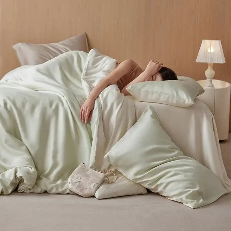 Soft mint-green satin rayon silk bedding set from DecorBites 60s rayon silk bedding for summer cooling twin-king sizes