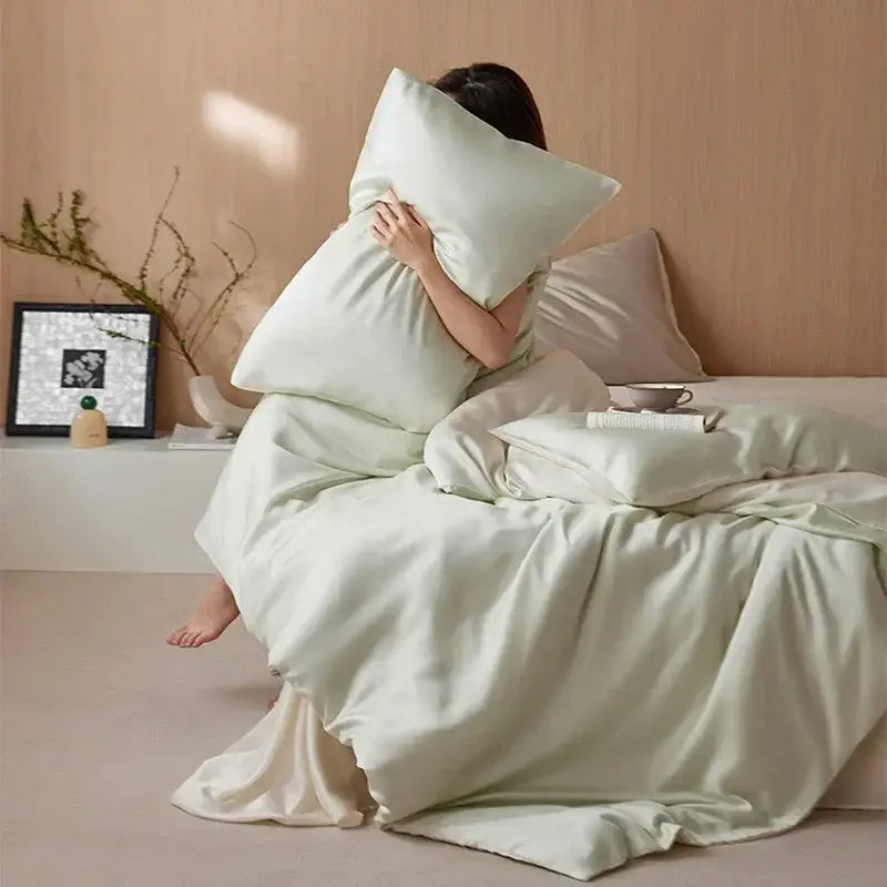 Soft mint green satin pillowcase and matching duvet set from decorbites 60s rayon silk bedding set for summer cooling