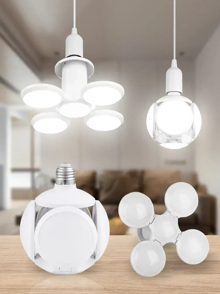 White modular led pendant ceiling fan light with multiple circular bulbs for kitchen and home decor by DecorBites