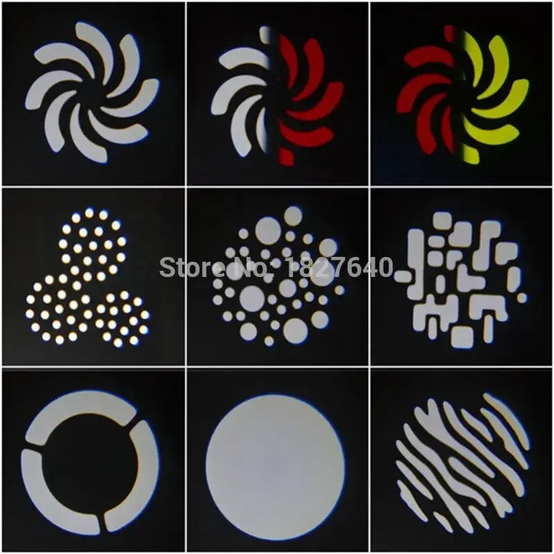 A decorbites™ 60w led spot moving head light displaying nine distinct led spot moving projection patterns on black background