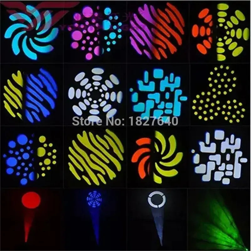 Decorbites™ 60w led spot moving head light displaying vibrant multicolor swirls dots and stripes patterns for dj use