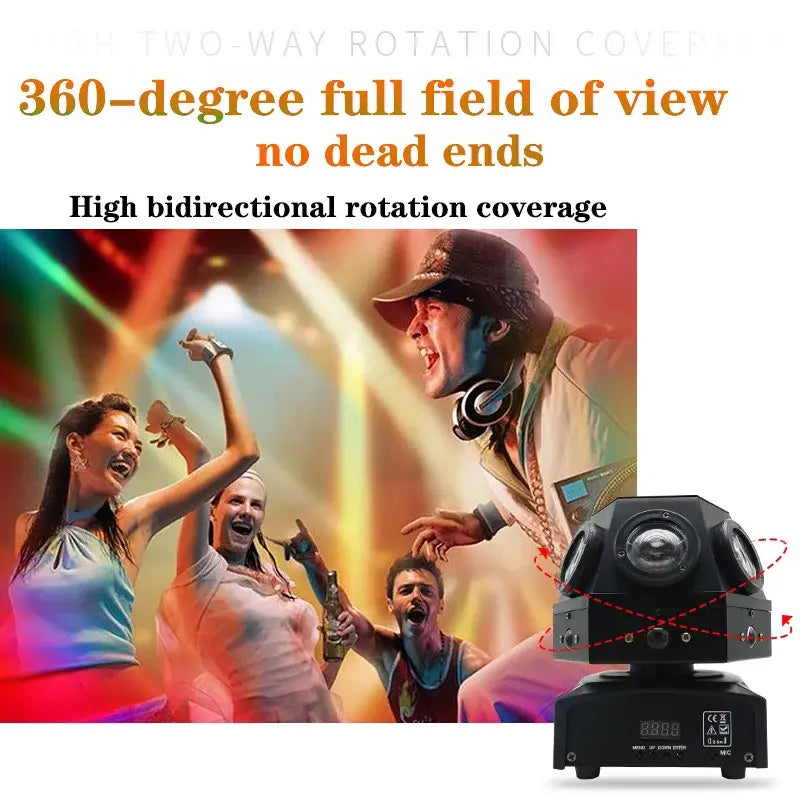 Black two-way rotation stage moving head strobe with digital display and multiple lens ports for full 360-degree coverage