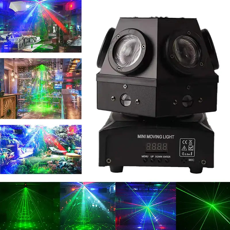Black DecorBites 60W moving head strobe with dual laser projectors and digital display panel for DJ disco lighting
