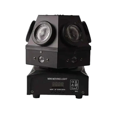 Black DecorBites 60W moving head strobe with two circular LED lenses and digital display panel for DJ lighting