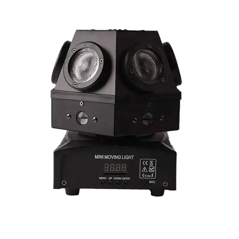 Black DecorBites 60W moving head strobe with two circular LED lenses and digital display panel for DJ lighting