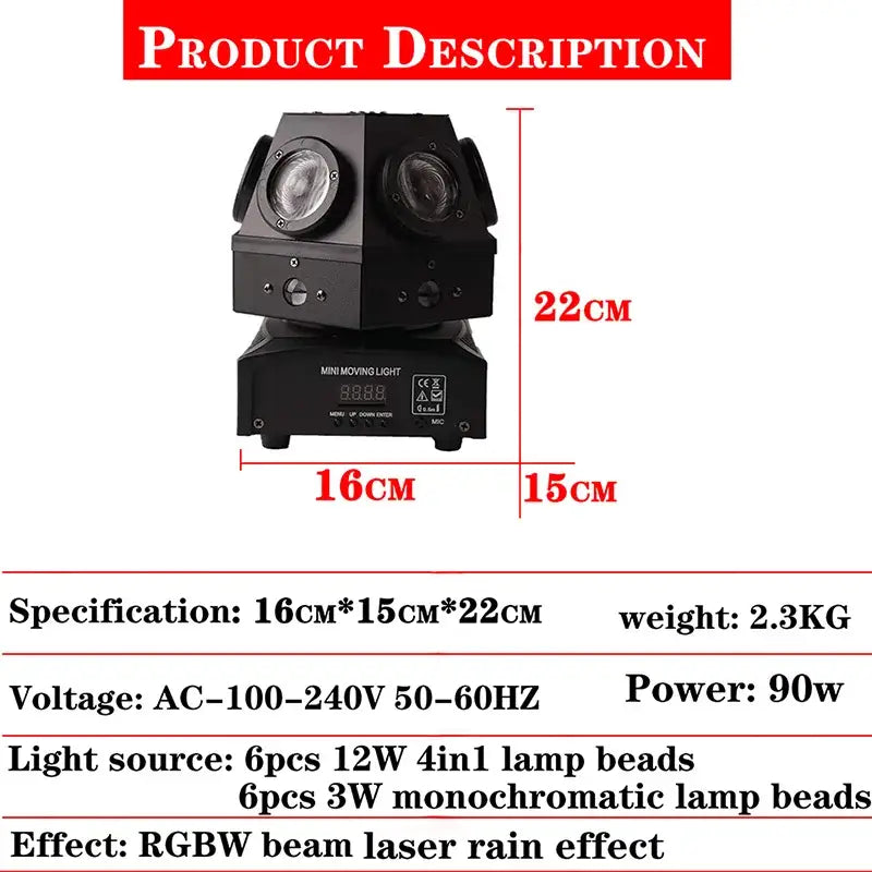 Black mini moving head strobe with dual circular lenses and control panel for rgbw strobe beam laser effects