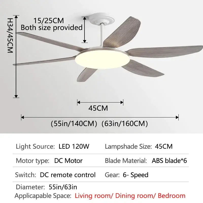 Modern decorbites 63 inch dc indoor ceiling fan light with five gray wood textured abs blades and circular white led fan light
