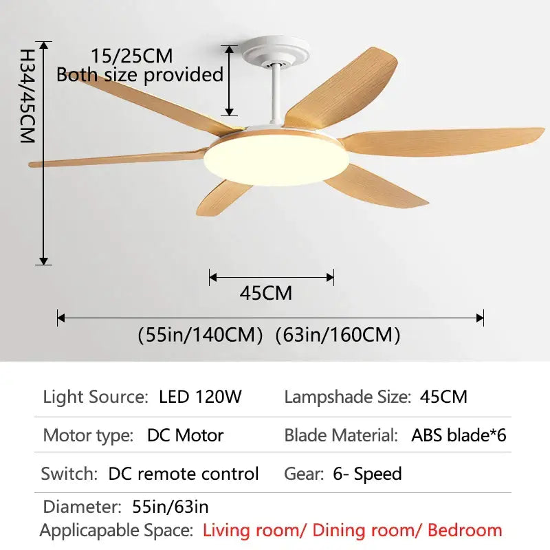 DecorBites™ 63 inch dc indoor ceiling fan light with five light wood blades and integrated led fan light lampshade