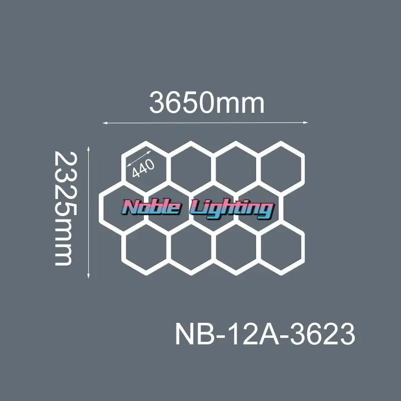 White led hexagrid panel with noble lighting branding model nb-12a-3623 for workshop gym studio use