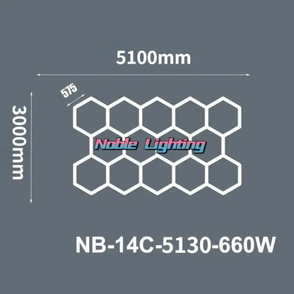 White led hexagrid lighting panel 6500k led hexagrid model nb-14c-5130-660w 5100mm by 3000mm for workshop gym studio