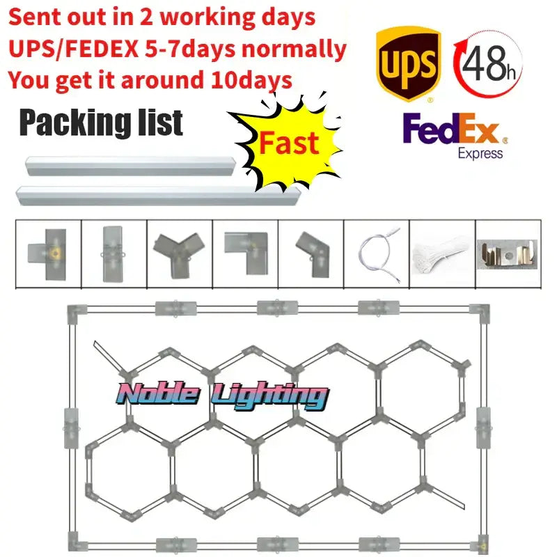 Gray hexagonal led hexagrid system with interlocking metal joints and honeycomb design for workshop lighting