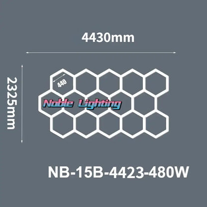 White led hexagrid lighting panel with noble lighting branding and model nb-15b-4423-480w in 6500k led hexagrid system