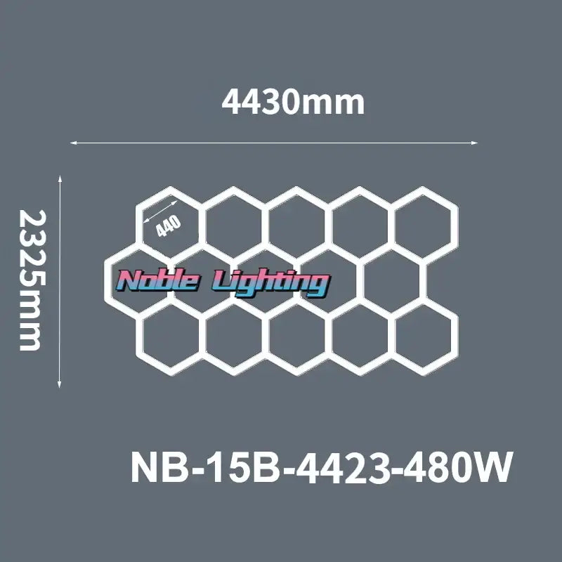 White led hexagrid lighting panel with noble lighting branding and model nb-15b-4423-480w in 6500k led hexagrid system