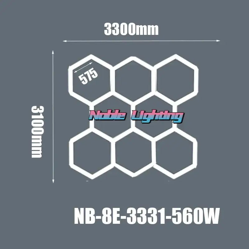 White hexagonal led hexagrid light panel model nb-8e-3331-560w for workshop gym studio with 6500k led color temperature