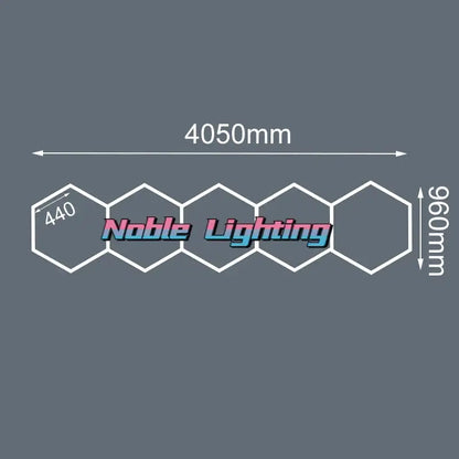 Noble lighting logo with gradient pink and blue lettering featuring a stylized hexagonal pattern for 6500k led hexagrid system