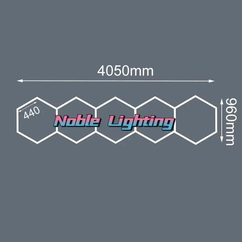 Noble lighting logo with gradient pink and blue lettering featuring a stylized hexagonal pattern for 6500k led hexagrid system
