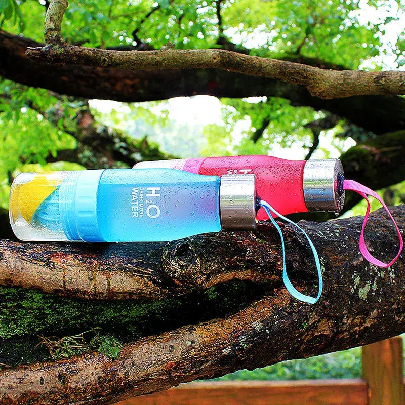 Decorbites™ 650ml infuser water bottle with blue and pink translucent design, metallic caps, and colorful straps for hydration