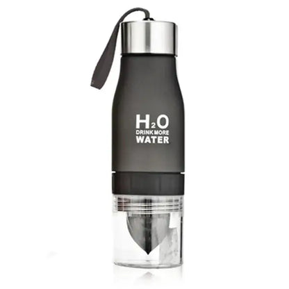 Black DecorBites 650ml infuser water bottle with silver lid, carrying strap, and clear bottom compartment for infuser water