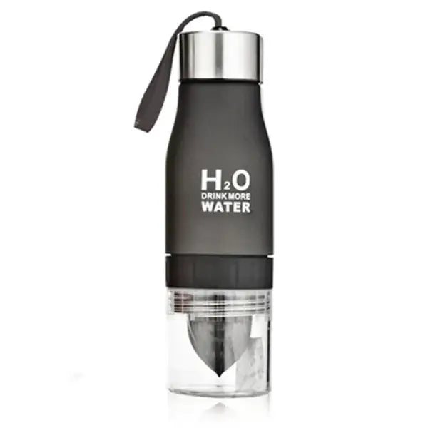 Black DecorBites 650ml infuser water bottle with silver lid, carrying strap, and clear bottom compartment for infuser water