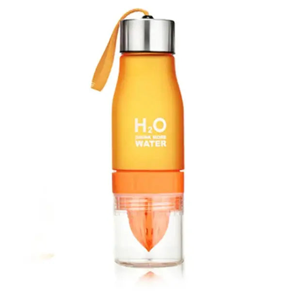 Orange translucent DecorBites™ 650ml infuser water bottle with silver cap yellow strap and integrated citrus juicer