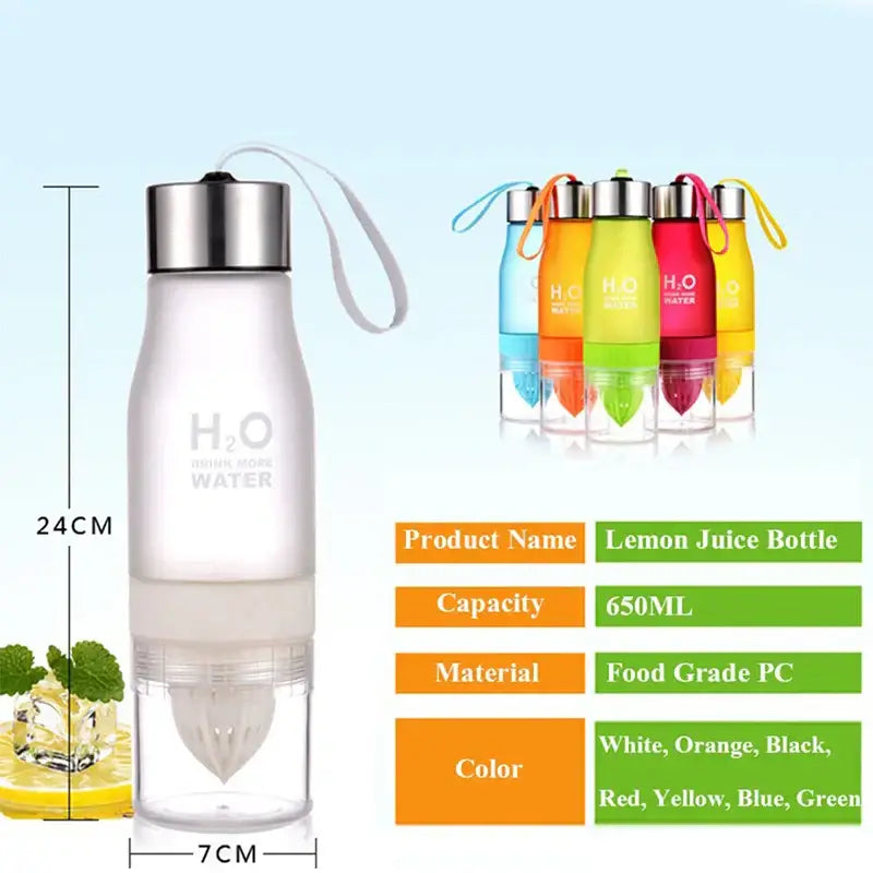 Translucent white decorbites™ 650ml infuser water bottle with silver lid and integrated citrus juicer for refreshing hydration