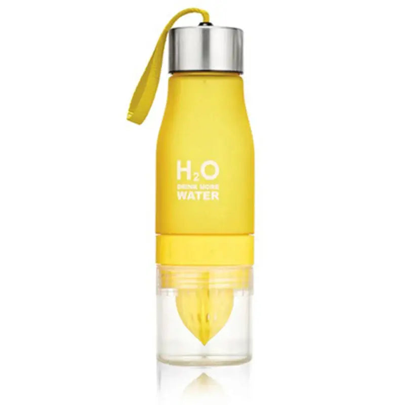 Yellow DecorBites 650ml infuser water bottle with silver cap and citrus juicer for refreshing infuser water on the go